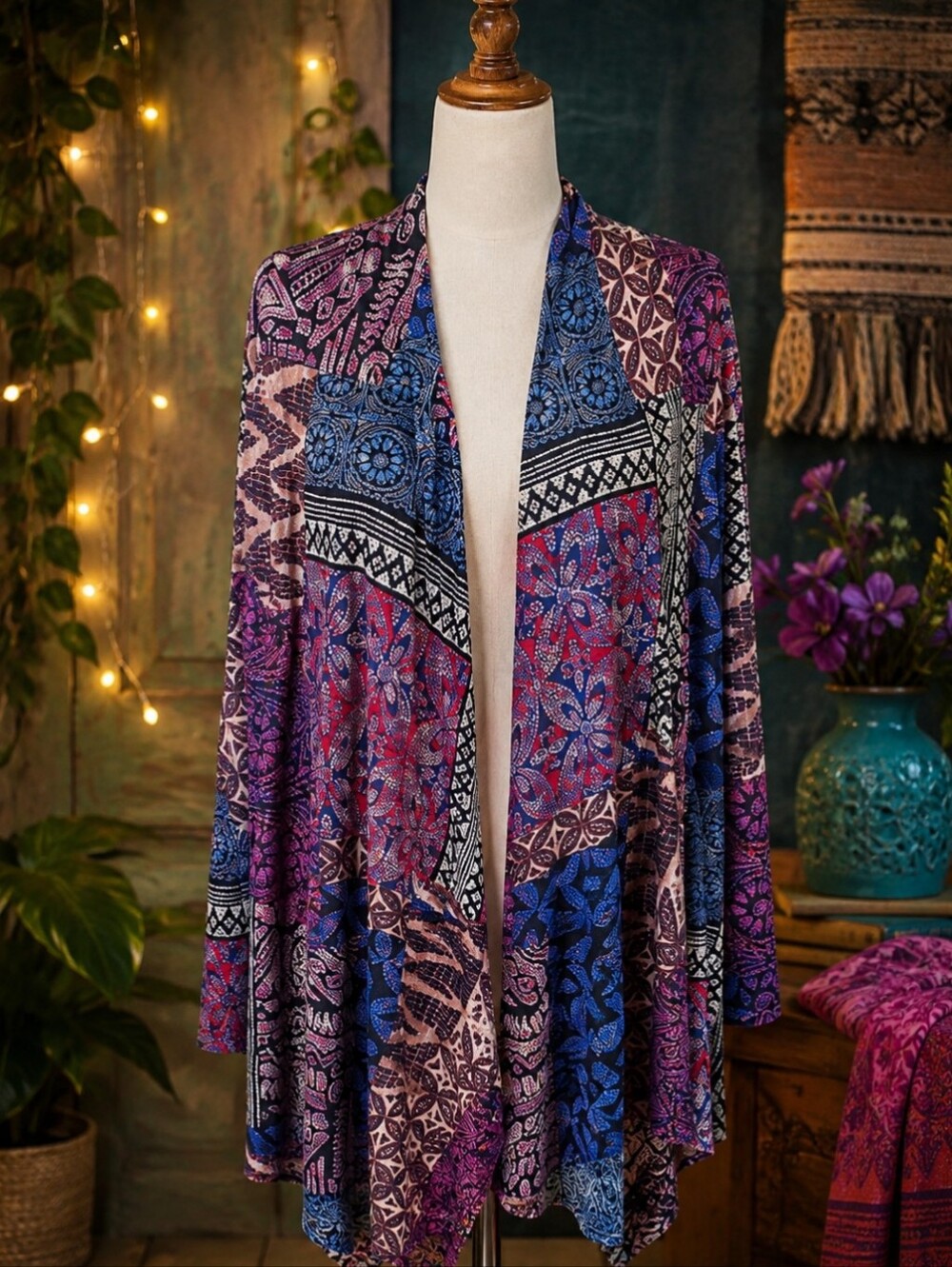 Susan Graver Liquid Knit Boho Patchwork Mosaic Print Open Long Cardigan XLP